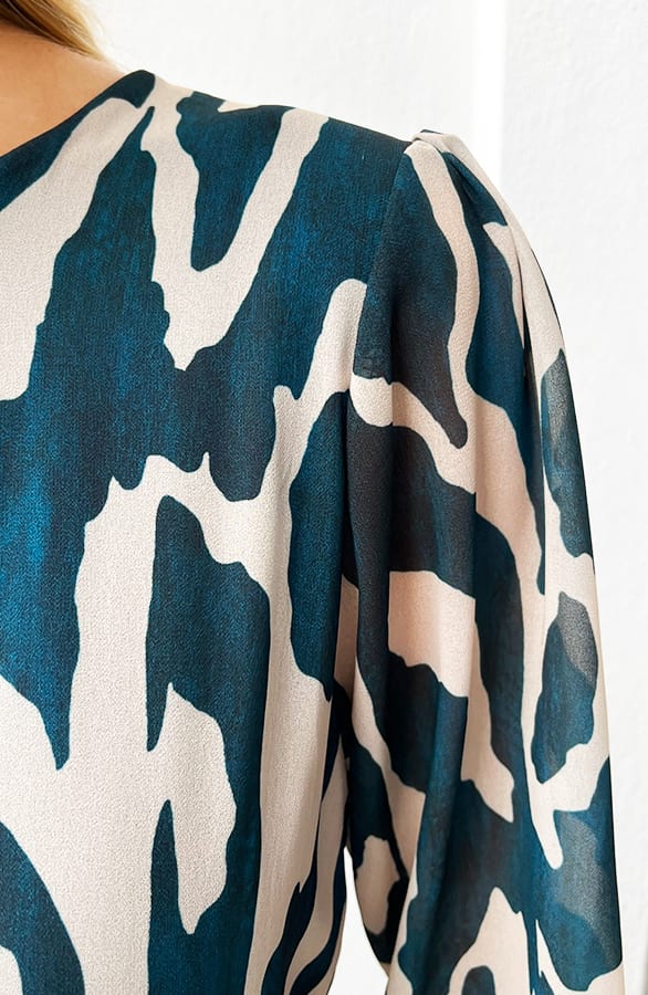 Ruches Print Jurk Rosan Petrol Beige – shoparchief — foto 8