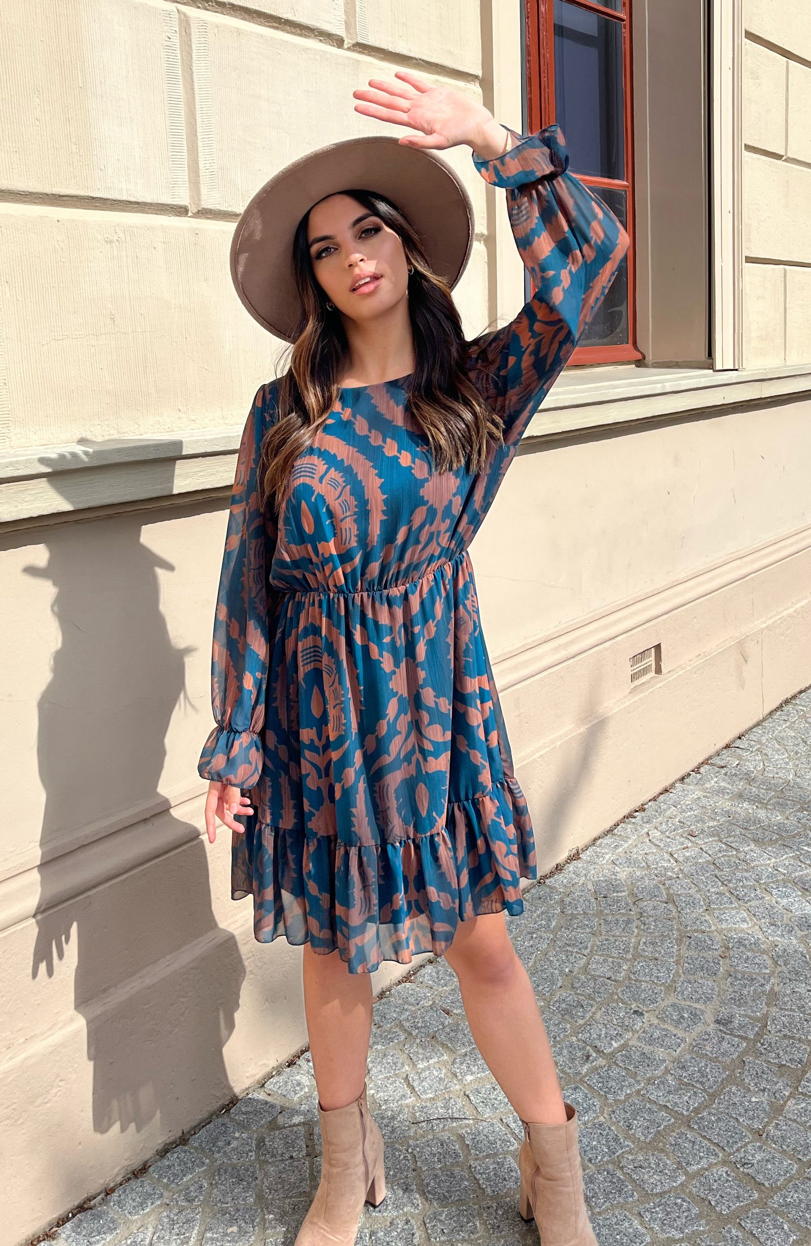 Ruches Print Jurk Rosan Petrol Bruin – shoparchief — foto 11