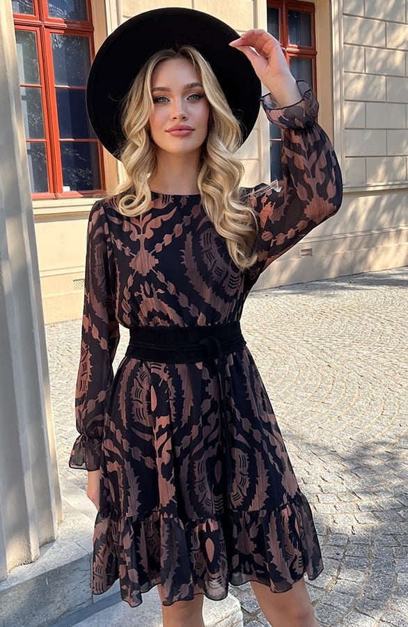 Ruches Print Jurk Rosan Zwart Camel – shoparchief — foto 3
