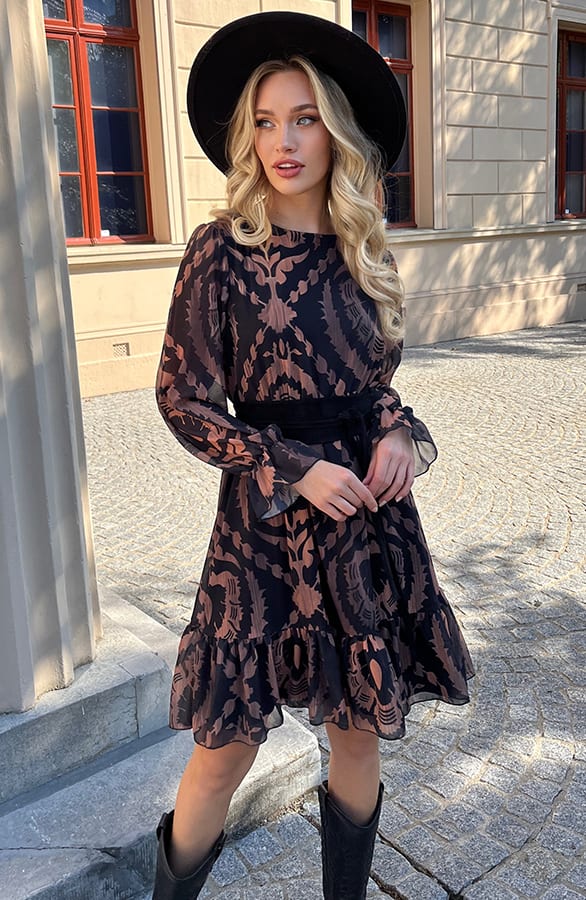 Ruches Print Jurk Rosan Zwart Camel – shoparchief — foto 2