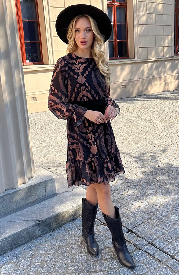 Ruches Print Jurk Rosan Zwart Camel – shoparchief — foto 5