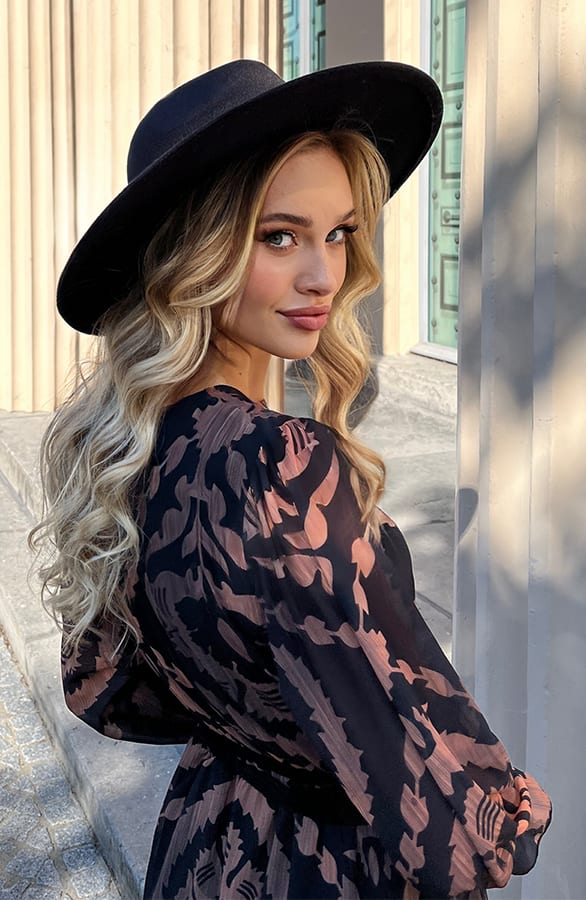 Ruches Print Jurk Rosan Zwart Camel – shoparchief — foto 7