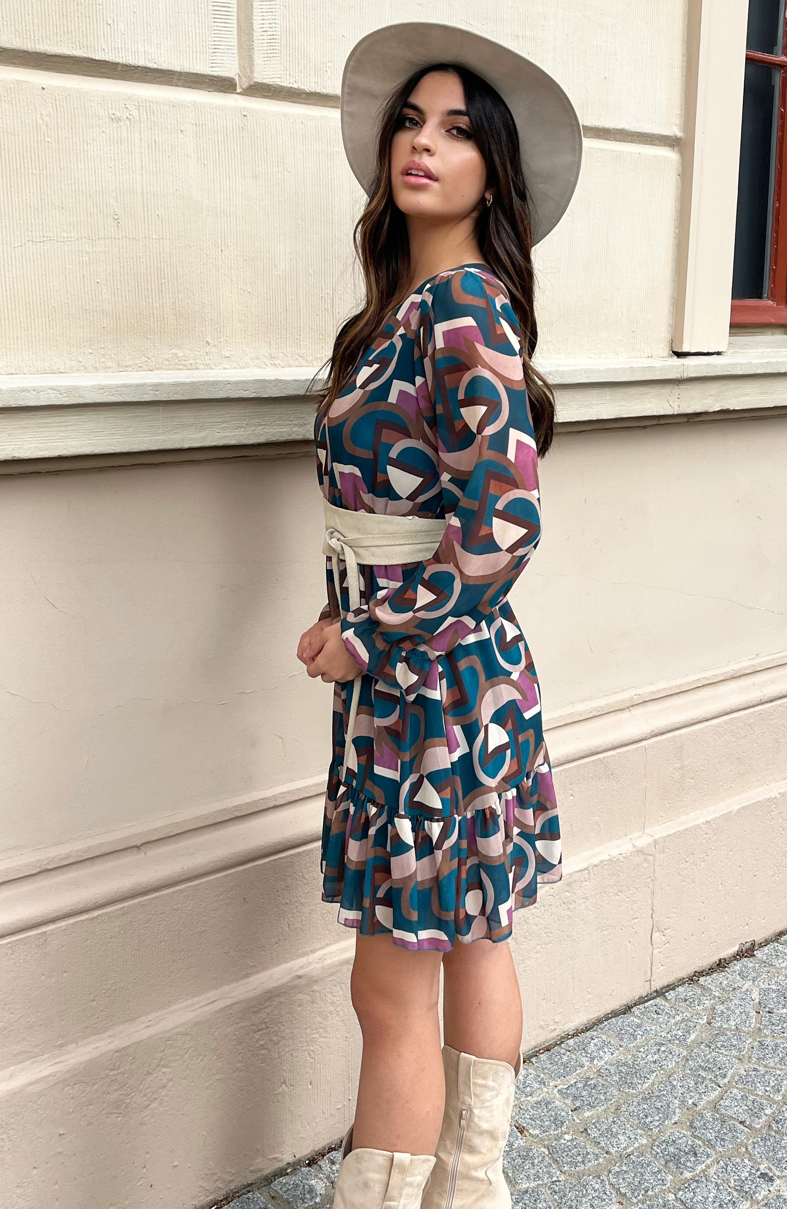 Ruches Retro Print Jurk Rosan Petrol – shoparchief — foto 4