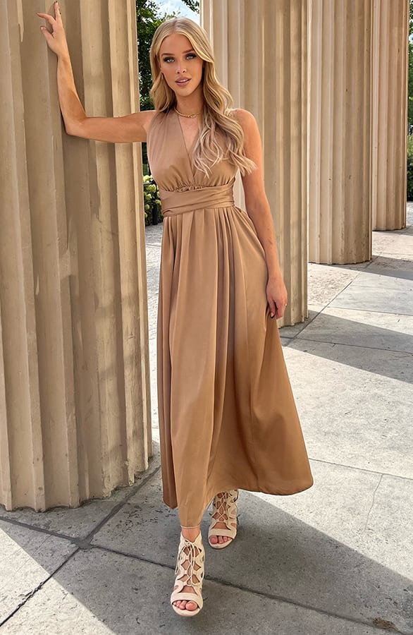 Satijnen Jurk Met Strik Rowanne Camel – shoparchief — foto 3