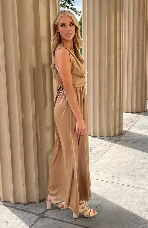 Satijnen Jurk Met Strik Rowanne Camel – shoparchief — foto 4