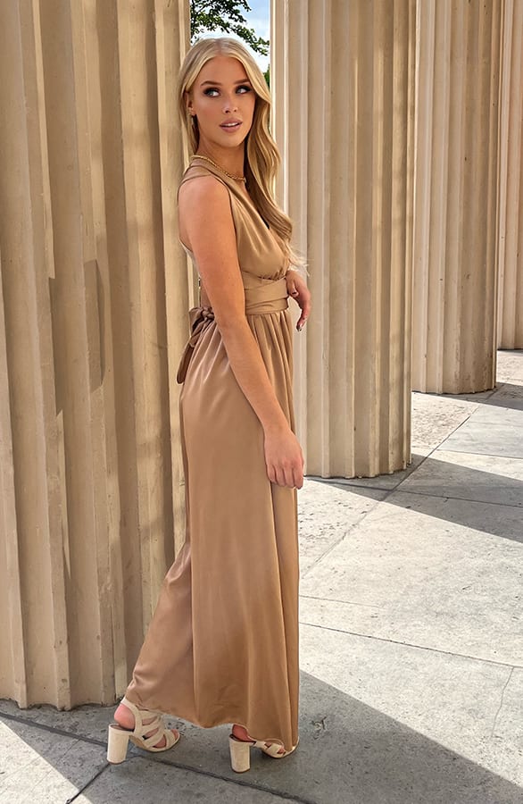 Satijnen Jurk Met Strik Rowanne Camel – shoparchief — foto 5