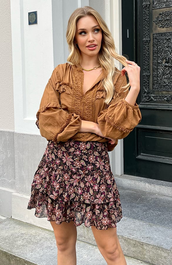 Bohemian Ruffle Blouse Gabriella Cognac – shoparchief