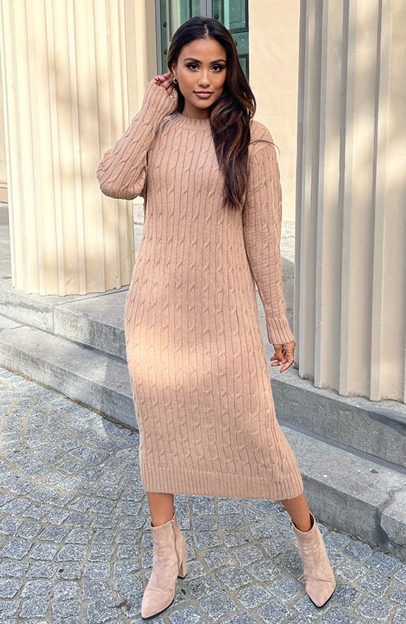 Gebreide Trui Jurk Met Patroon Cracie Camel – shoparchief