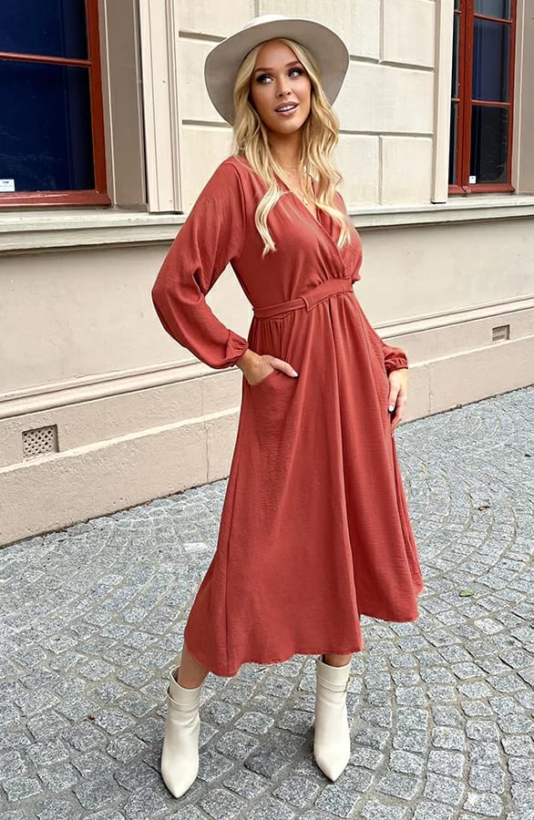 Midi Jurk Met Zakken Leah Terracotta – shoparchief — foto 3