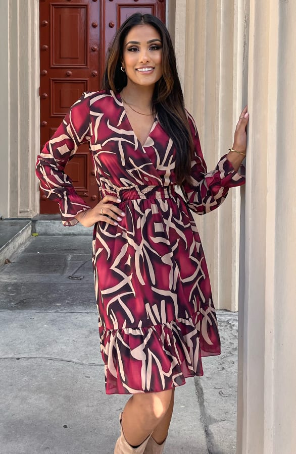 Print V-hals Jurk Lauren Bordeaux – shoparchief