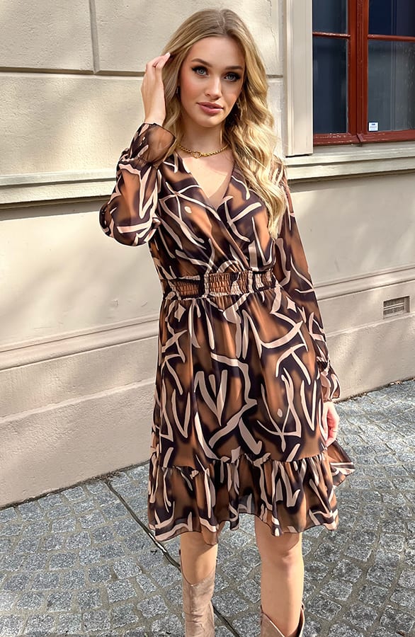 Print V-hals Jurk Lauren Camel – shoparchief