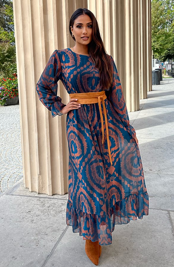 Ruches Print Maxi Jurk Rosan Petrol Bruin – shoparchief — foto 2