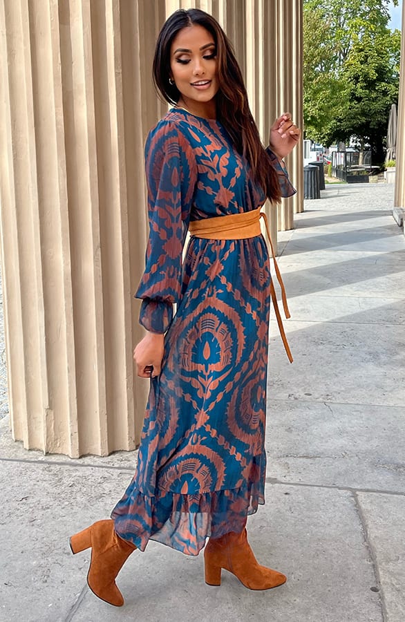 Ruches Print Maxi Jurk Rosan Petrol Bruin – shoparchief — foto 4