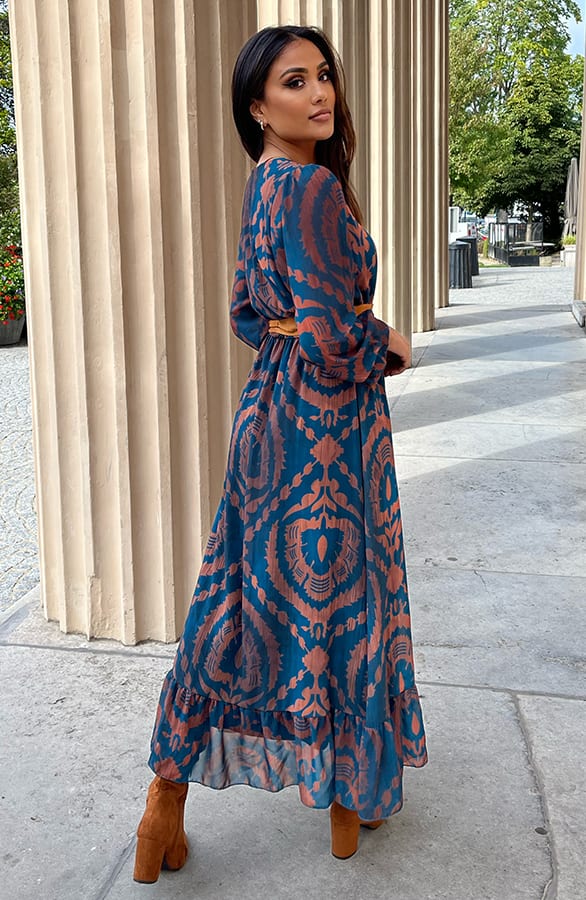 Ruches Print Maxi Jurk Rosan Petrol Bruin – shoparchief — foto 5