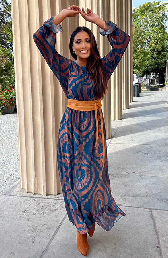 Ruches Print Maxi Jurk Rosan Petrol Bruin – shoparchief — foto 3
