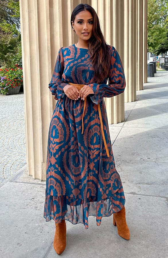 Ruches Print Maxi Jurk Rosan Petrol Bruin – shoparchief