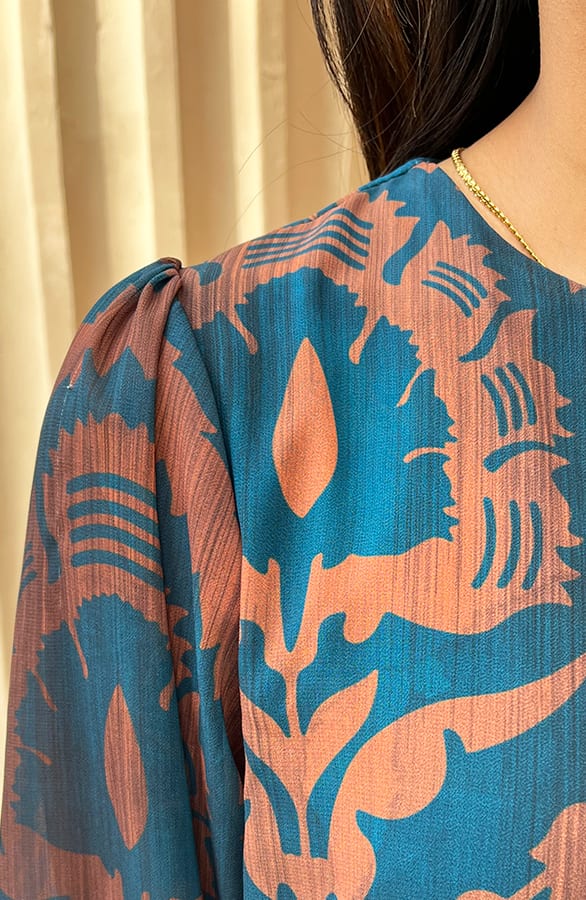Ruches Print Maxi Jurk Rosan Petrol Bruin – shoparchief — foto 6