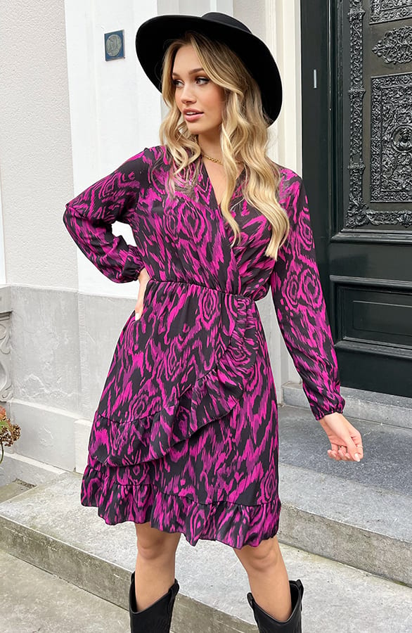 V-hals Print Jurk Everleigh Magenta – shoparchief