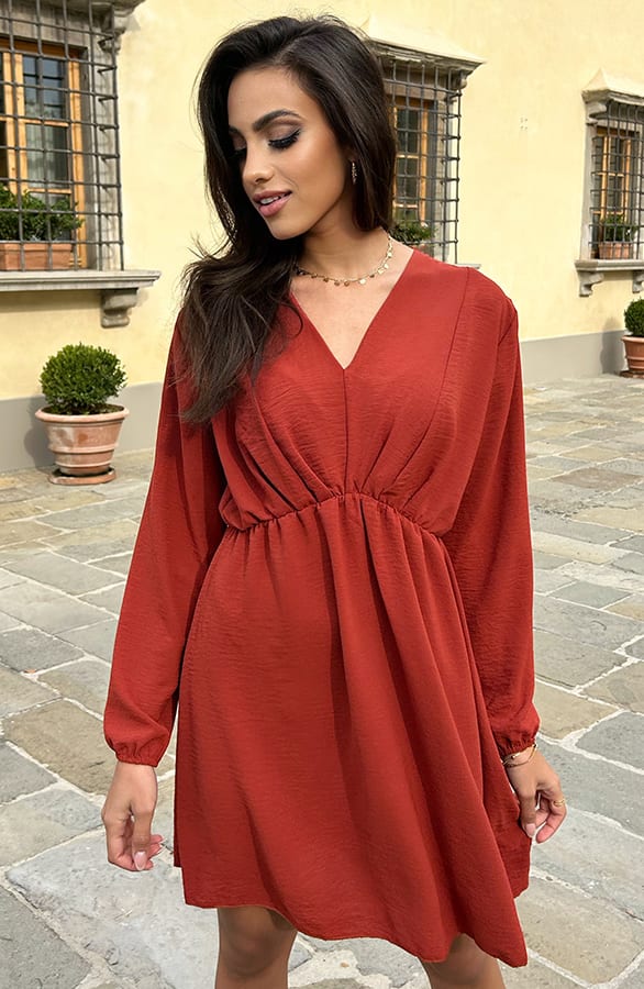 Plooien V-hals Jurk Tess Terracotta – shoparchief — foto 6