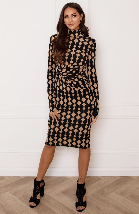 Midi Jurk Gedrapeerd Met Patroon Isalie Zwart – shoparchief — foto 3