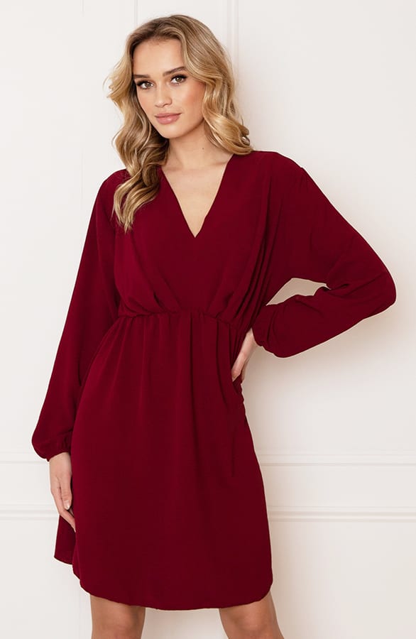 Plooien V-hals Jurk Tess Bordeaux – shoparchief