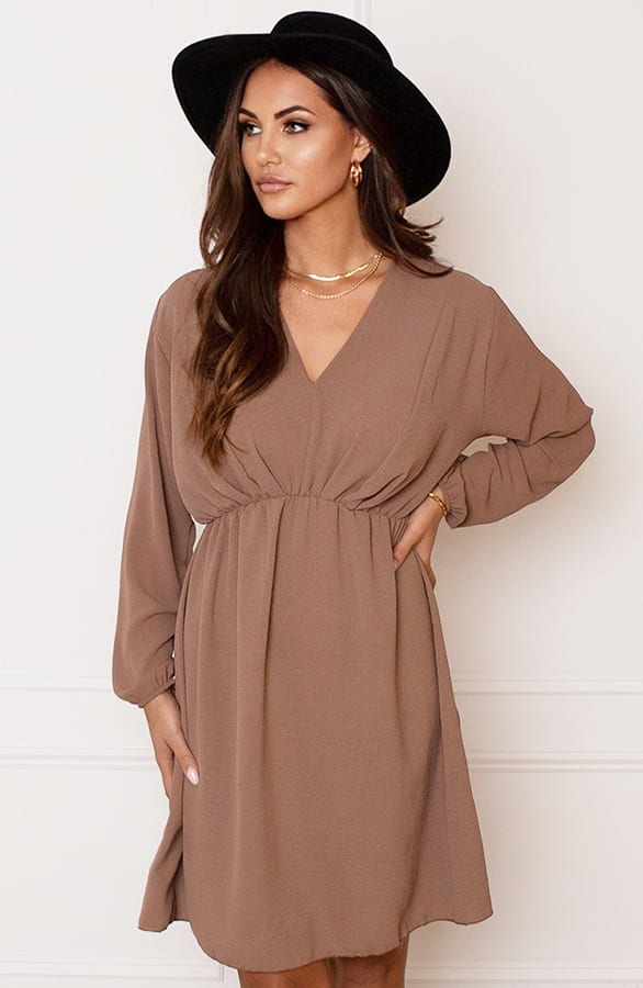 Plooien V-hals Jurk Tess Taupe – shoparchief — foto 2