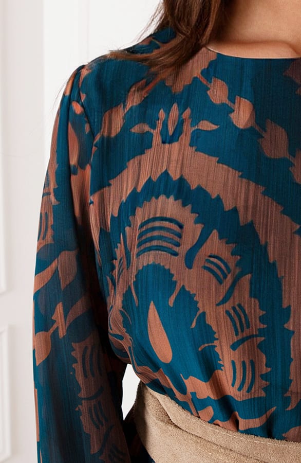 Ruches Print Jurk Rosan Petrol Bruin – shoparchief — foto 8