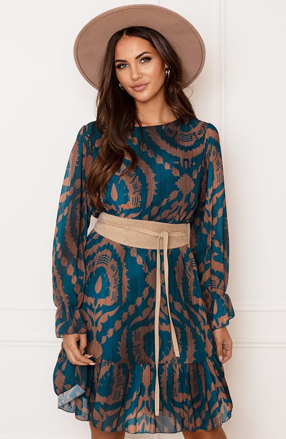 Ruches Print Jurk Rosan Petrol Bruin – shoparchief — foto 6