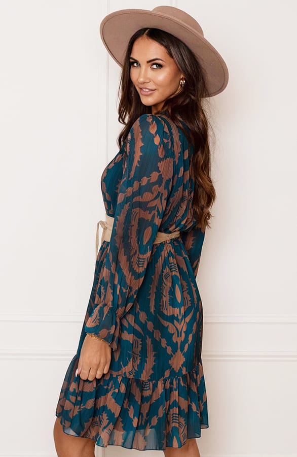 Ruches Print Jurk Rosan Petrol Bruin – shoparchief — foto 7