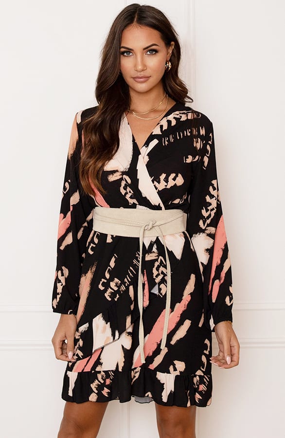 V-hals Print Jurk Everleigh Zwart Koraal – shoparchief — foto 3