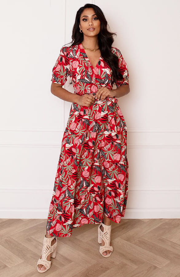 Korte Mouwen Leaves Jurk Emily Rood – shoparchief