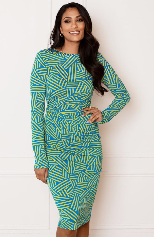 Midi Jurk Gedrapeerd Met Patroon Isalie Blauw Groen – shoparchief — foto 2