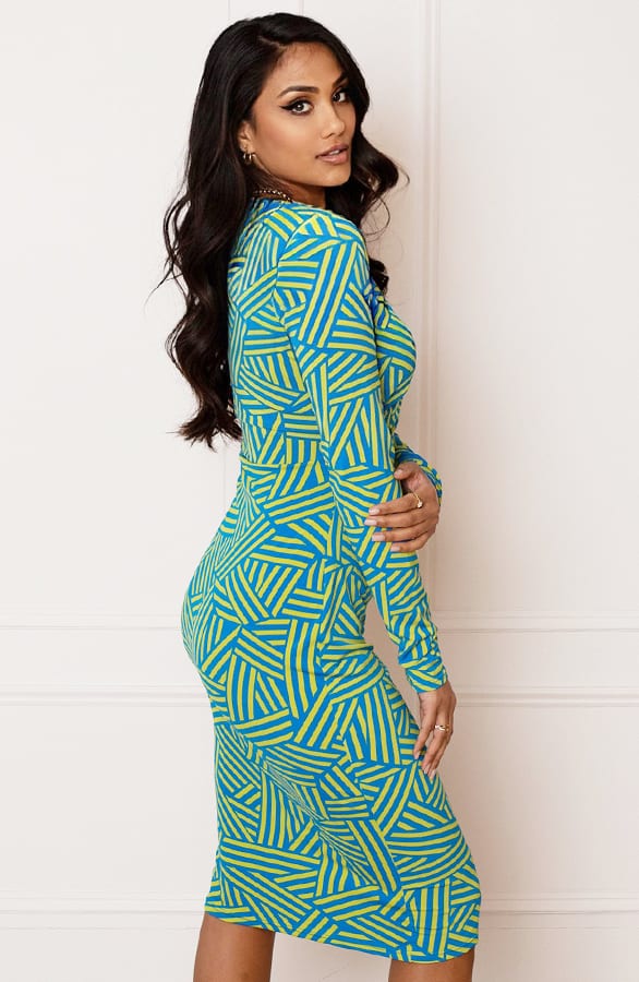 Midi Jurk Gedrapeerd Met Patroon Isalie Blauw Groen – shoparchief — foto 3