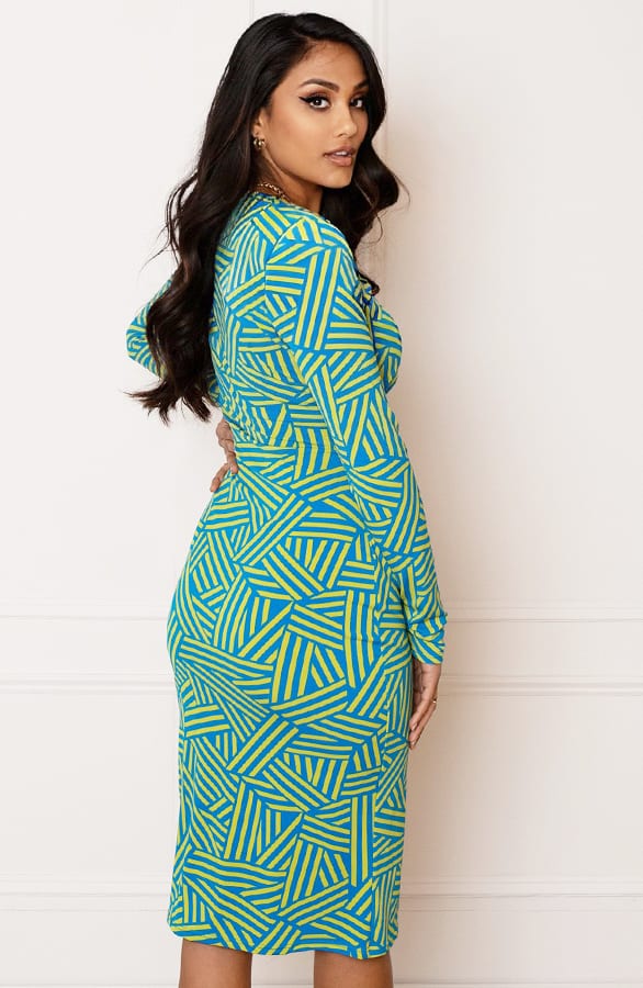 Midi Jurk Gedrapeerd Met Patroon Isalie Blauw Groen – shoparchief — foto 4