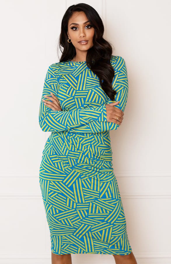 Midi Jurk Gedrapeerd Met Patroon Isalie Blauw Groen – shoparchief