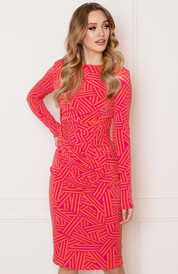 Midi Jurk Gedrapeerd Met Patroon Isalie Roze Oranje – shoparchief — foto 2