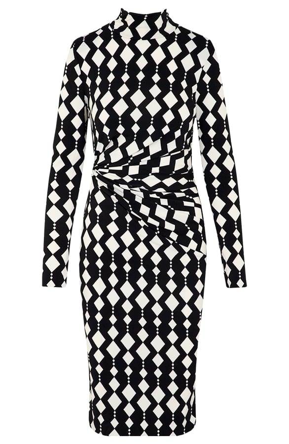 Midi Jurk Gedrapeerd Met Patroon Isalie Zwart Wit – shoparchief