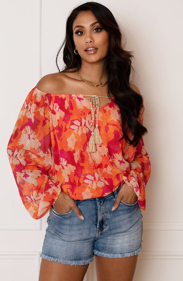 Offshoulder Bloemen Blouse Valerie Oranje – shoparchief