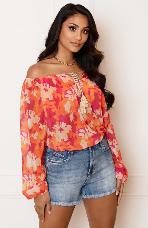 Offshoulder Bloemen Blouse Valerie Oranje – shoparchief — foto 4