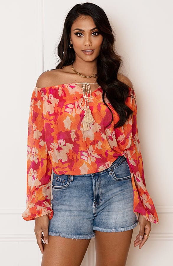 Offshoulder Bloemen Blouse Valerie Oranje – shoparchief — foto 3