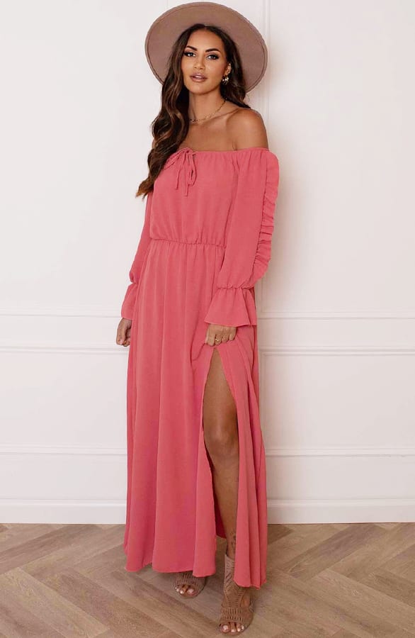 Offshoulder Jurk Met Split Bibi Dust Roze – shoparchief — foto 3