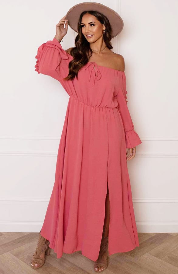 Offshoulder Jurk Met Split Bibi Dust Roze – shoparchief — foto 4