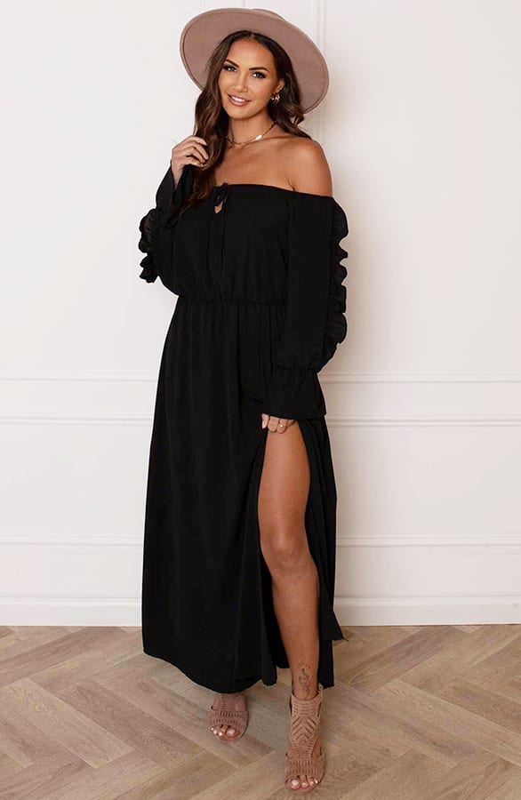 Offshoulder Jurk Met Split Bibi Zwart – shoparchief — foto 3