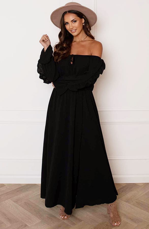 Offshoulder Jurk Met Split Bibi Zwart – shoparchief