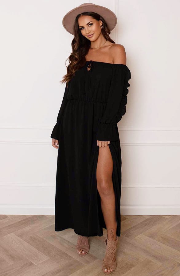 Offshoulder Jurk Met Split Bibi Zwart – shoparchief — foto 2