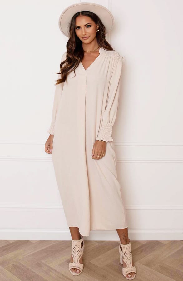 Smocked Maxi Jurk Babette Beige – shoparchief — foto 2