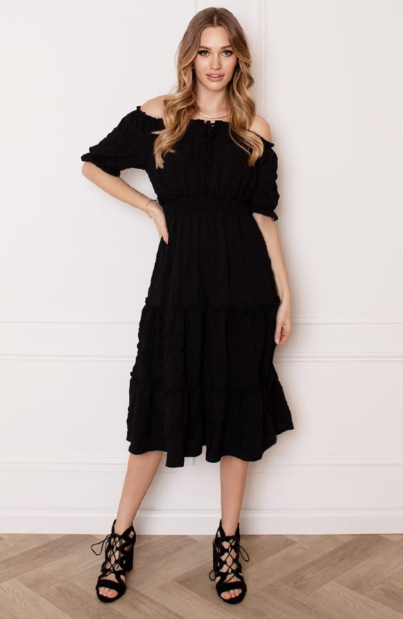 Smocked Offshoulder Jurk Sophia Zwart – shoparchief