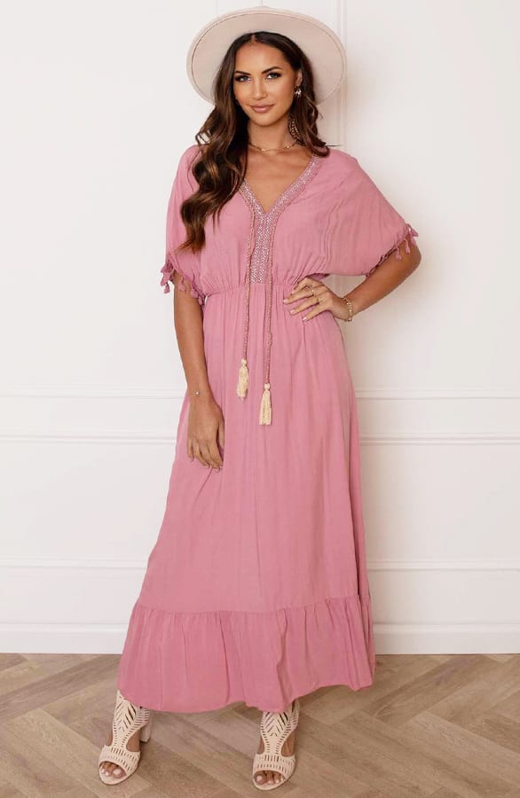 V-hals Lurex Jurk Maxi Maris Dust Pink – shoparchief