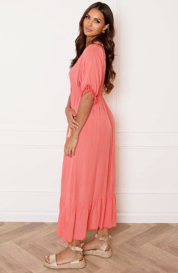 V-hals Lurex Jurk Maxi Maris Koraal – shoparchief — foto 3