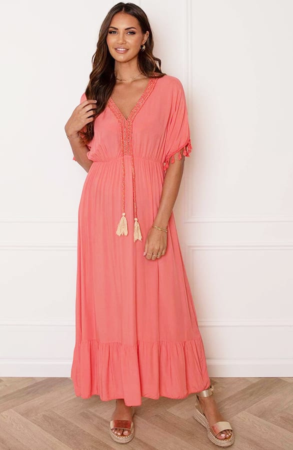 V-hals Lurex Jurk Maxi Maris Koraal – shoparchief
